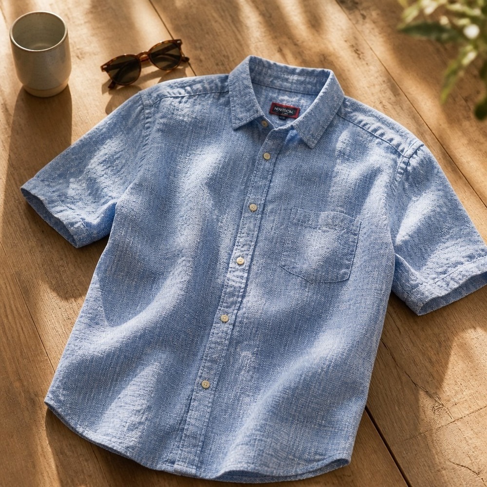 UNTUCKit Cadalso Linen Button Down Short Sleeve Shirt Slim Fit Navy Blue Mens L